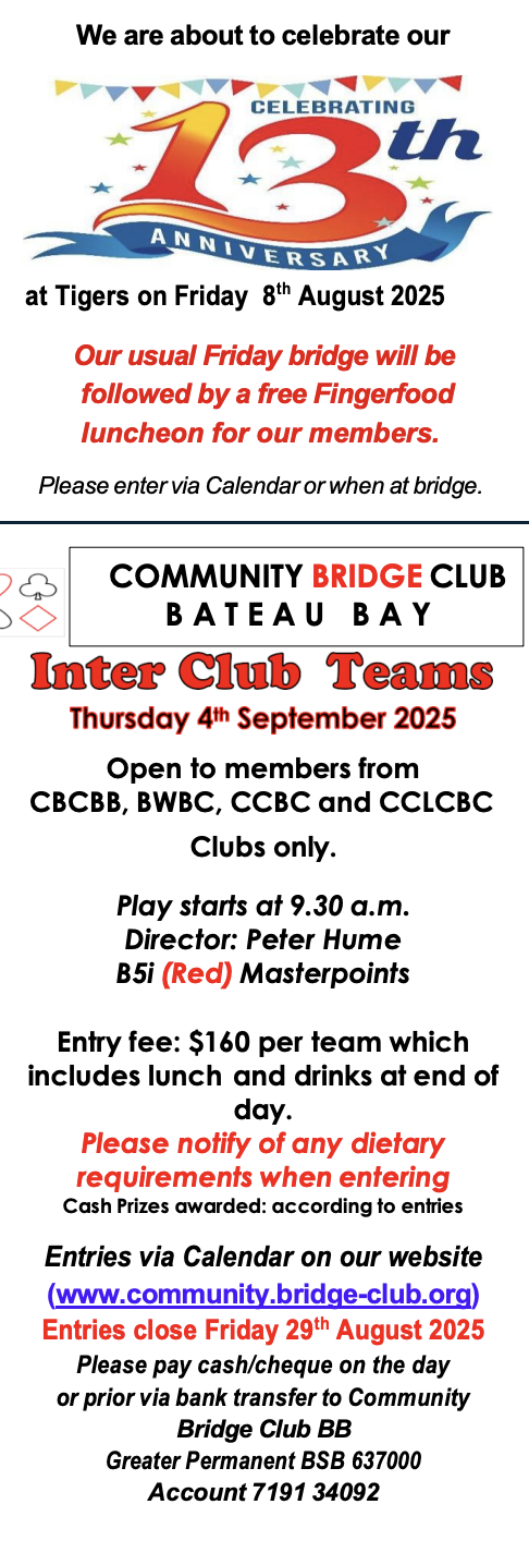 Next club events at bridge club on Central Coast